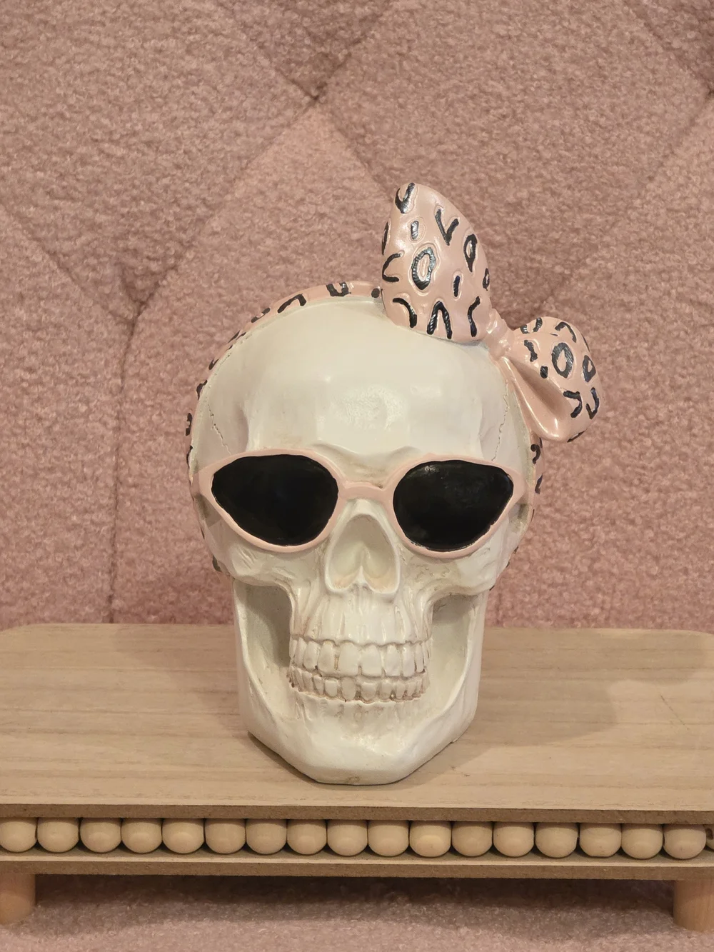 Pink Leopard Bow Skull Figurine with Sunglasses